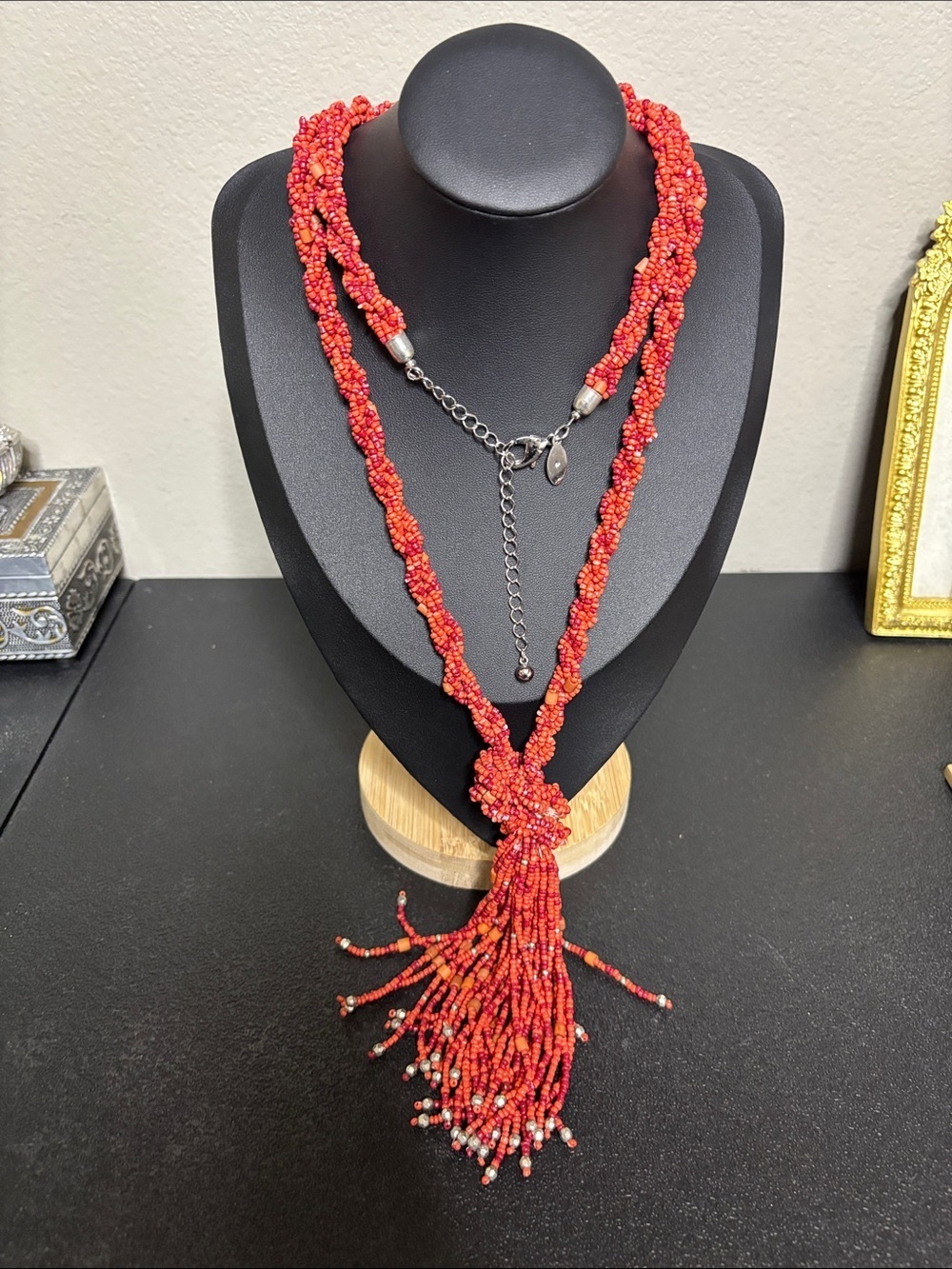 Chico’s Mini Beaded Tassel Long Boho Western Necklace Red & Orange